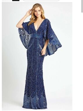 Mac Duggal Navy Blue Beaded V-Neck Mermaid Gown